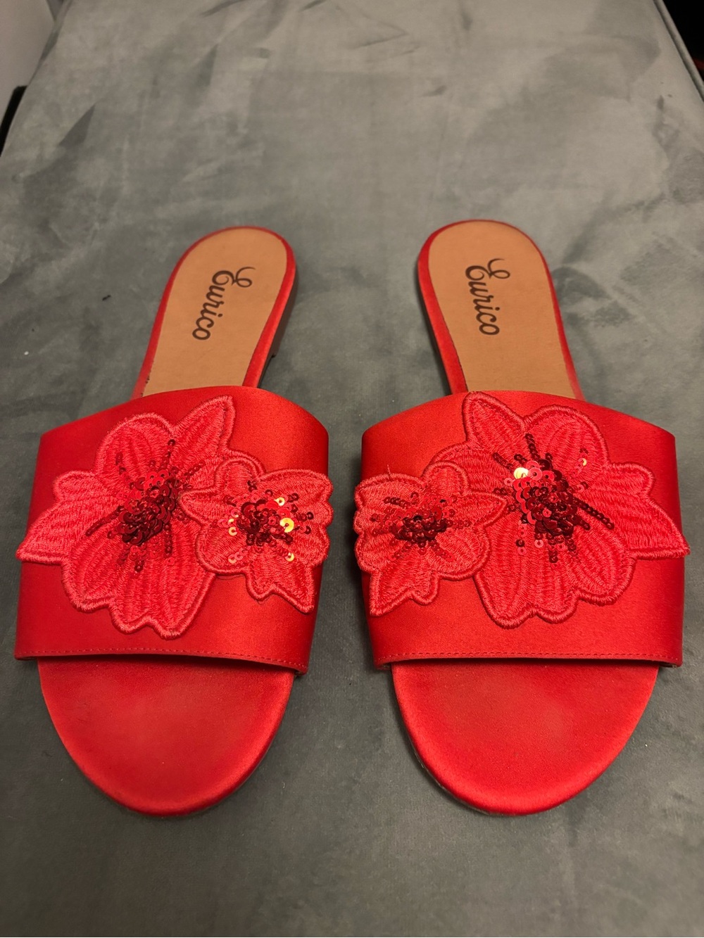 Red Floral Sequin Slide Sandals